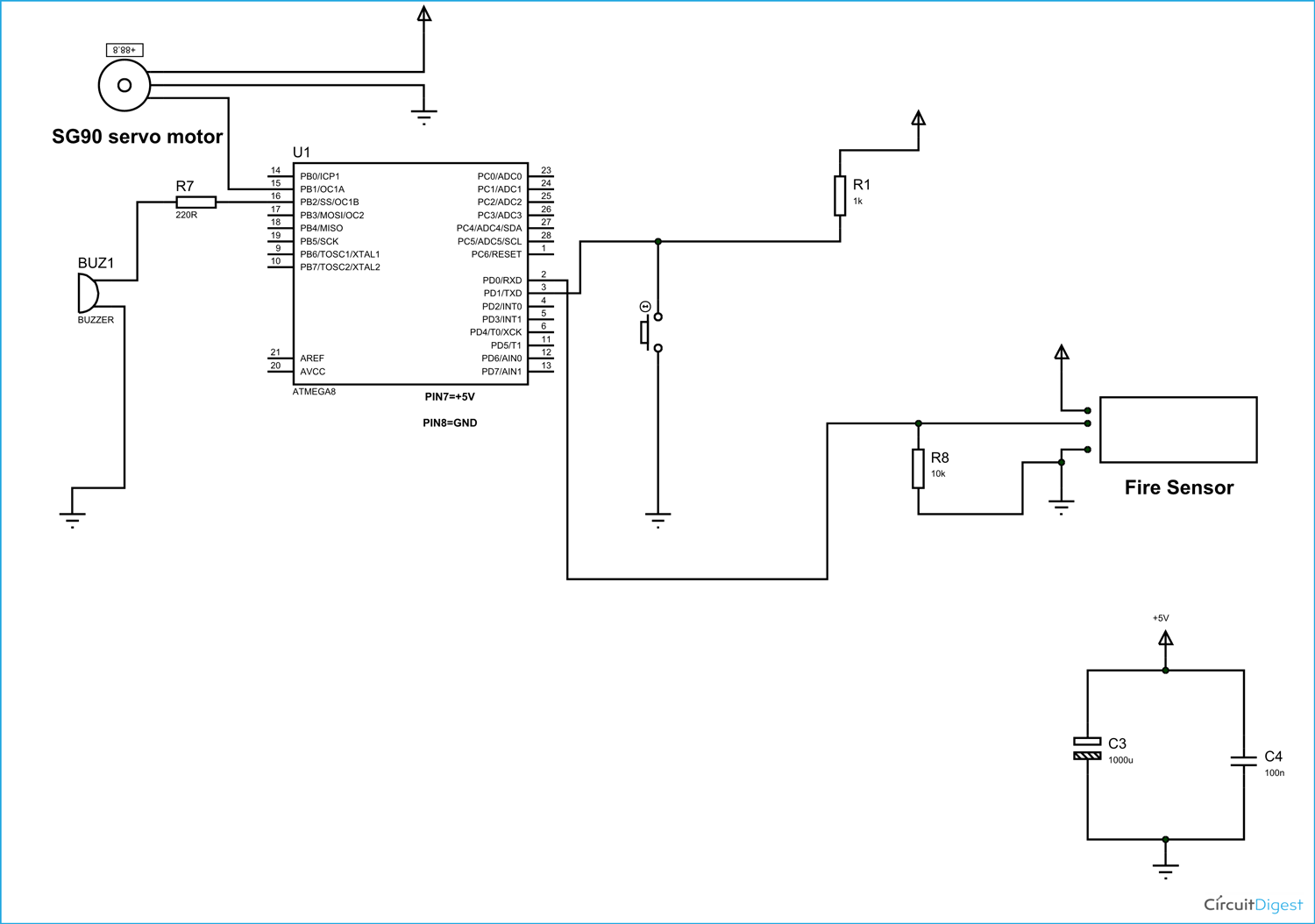 AVR MIcrocontroller Based Fire Alarm Circuit Diagram