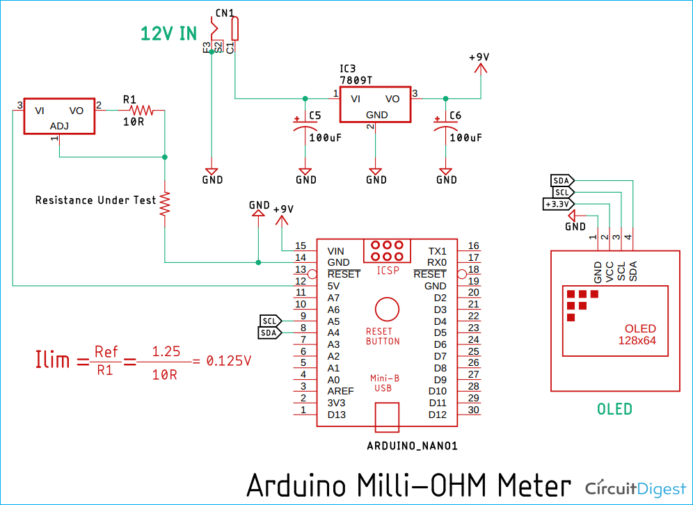 Arduino Based Low Resistance Meter Circuit Diagram