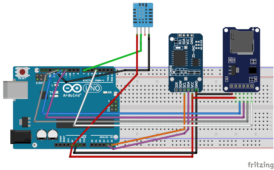Arduino temperature data logger to SD card and computer circuit