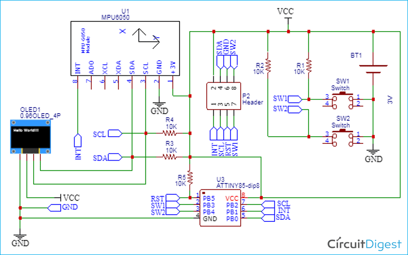 Attiny85 Step Counter Circuit Diagram
