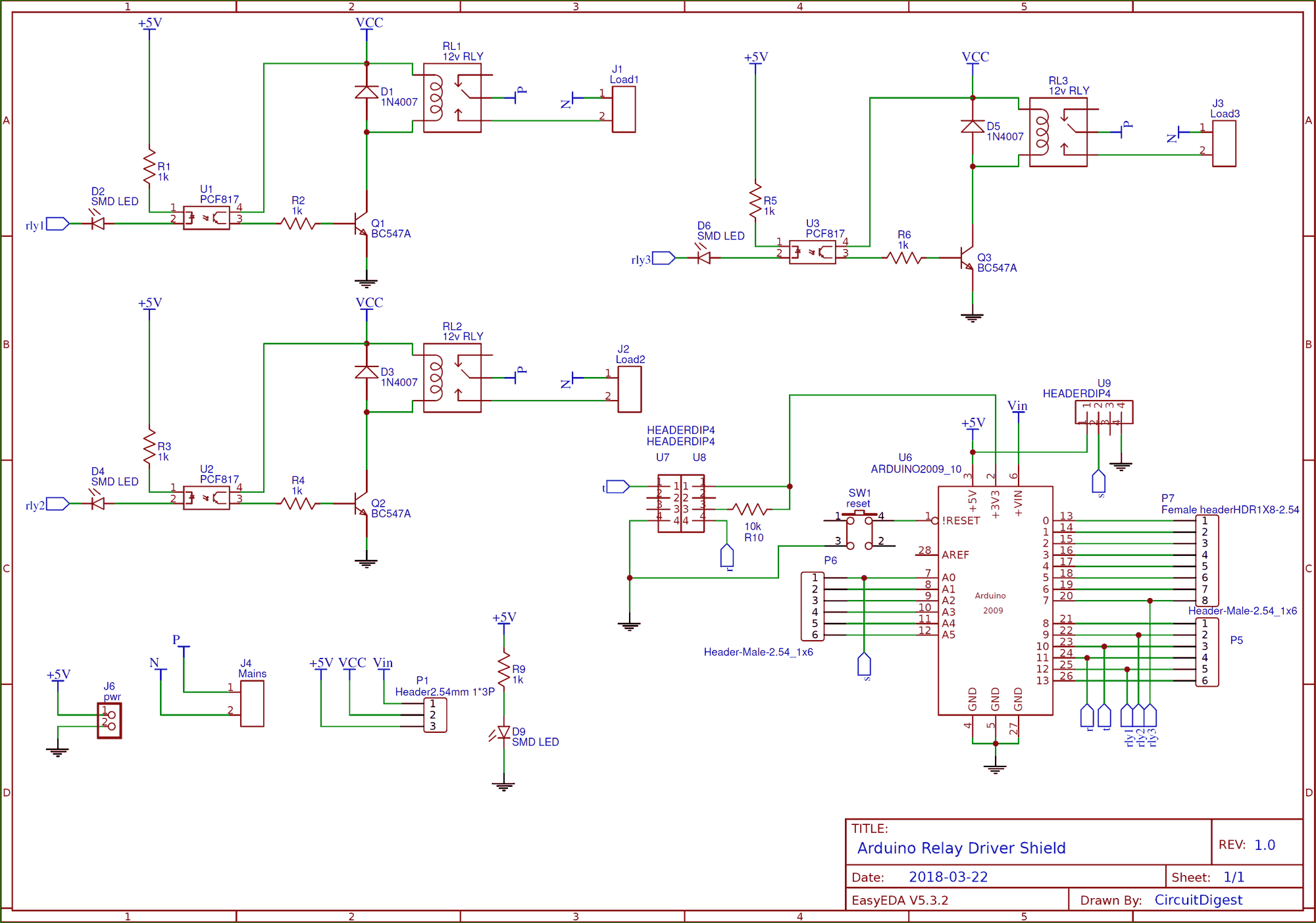 Circuit diagram for DIY Arduino Relay Driver Shield PCB
