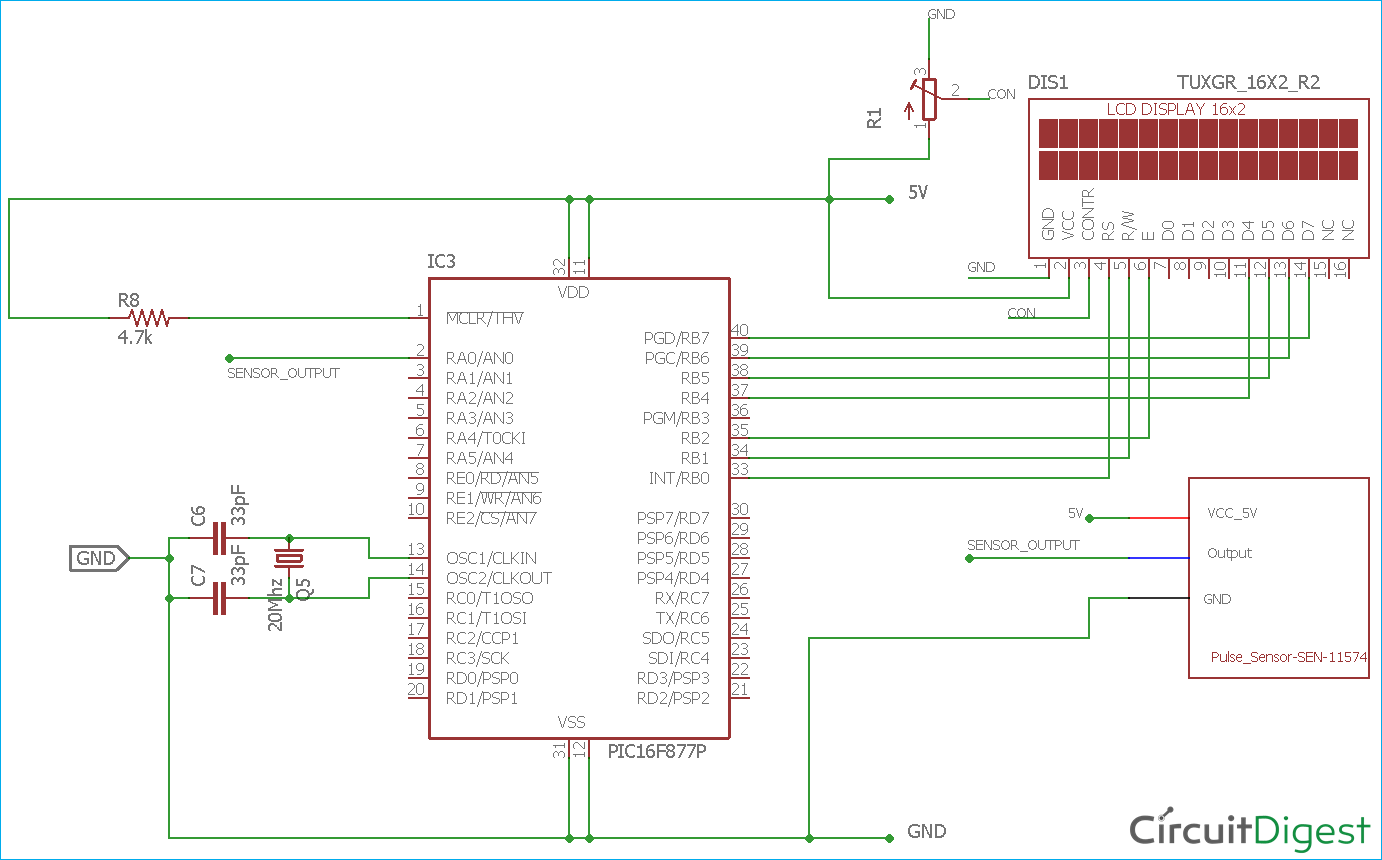 Heart Beat Monitoring Circuit Diagram using PIC Microcontroller and Pulse Sensor