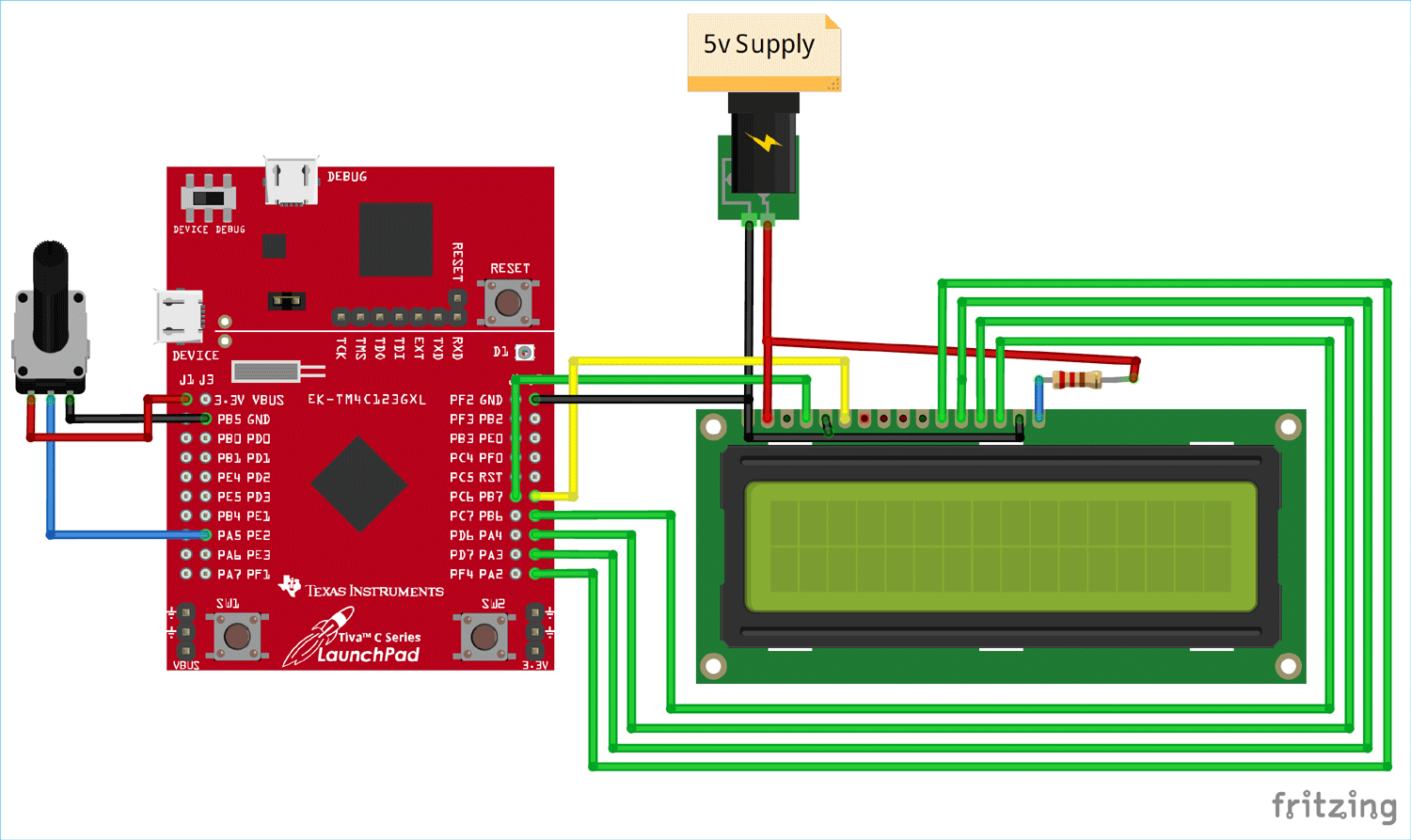 Circuit Diagram for Interfacing 16x2 LCD Display with TIVA C Series