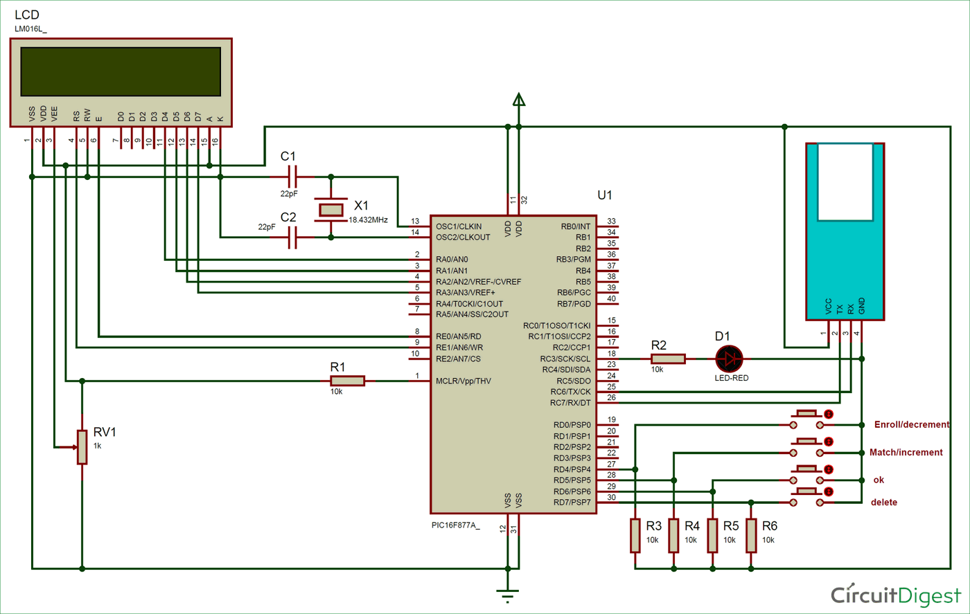 Circuit Diagram for Interfacing Fingerprint Sensor with PIC Microcontroller