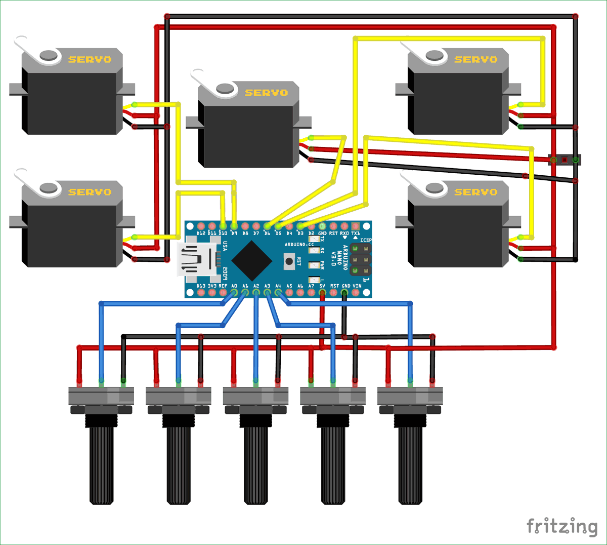 Circuit Diagram for Record and Play 3D Printed Robotic Arm using Arduino