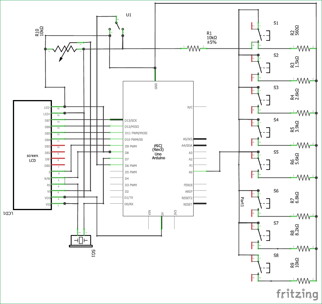Circuit diagram for Arduino based Piano with Recording and Replay
