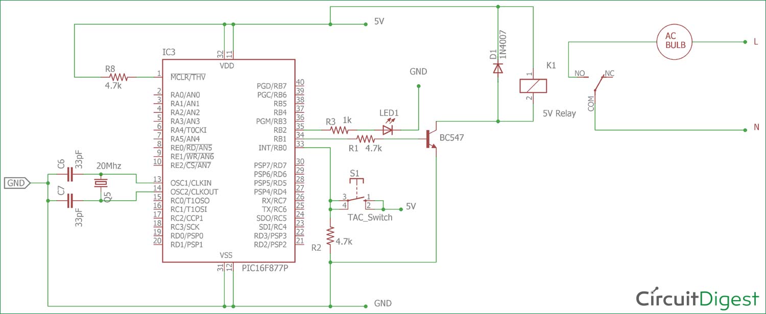 Circuit diagram for Interfacing Relay with PIC Micro-controller
