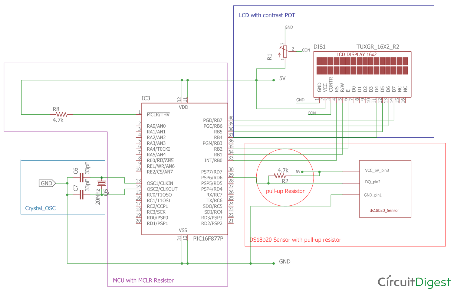 Digital Thermometer circuit diagram using a PIC Microcontroller and DS18B20