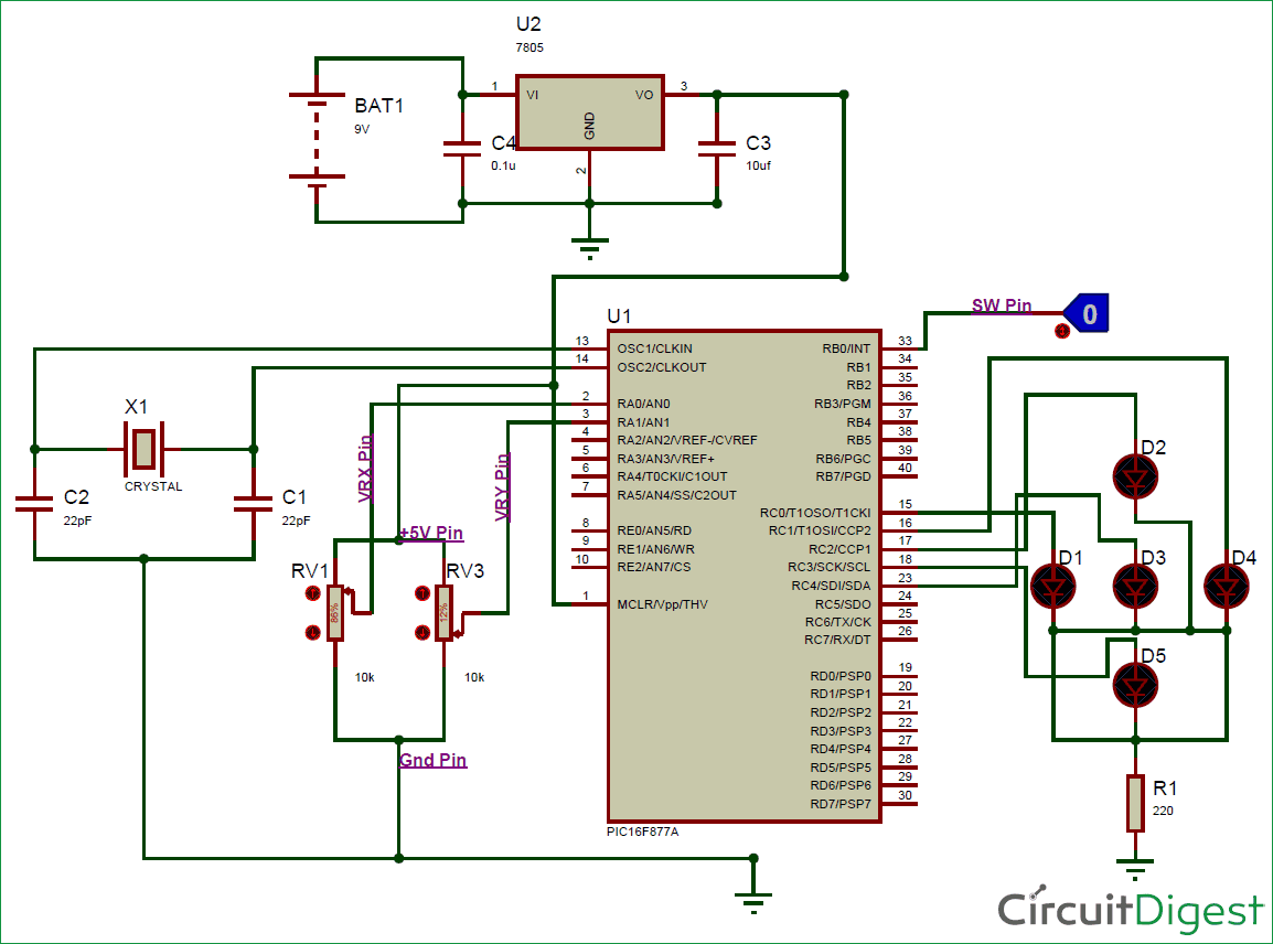 Interfacing Circuit diagram of Joystick with PIC Micro-controller