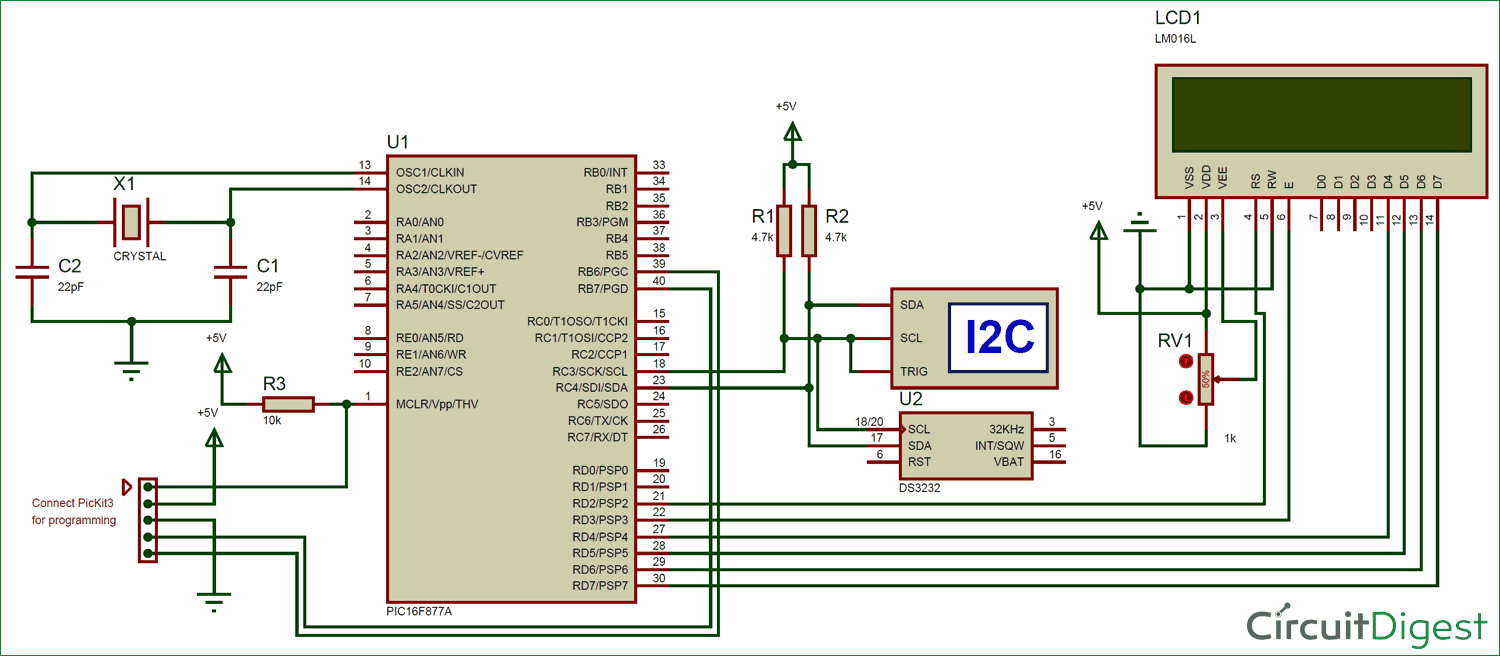 Interfacing Circuit diagram of RTC Module (DS3231) with PIC micro-controller