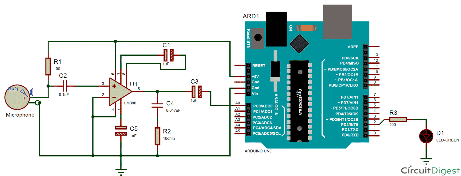 Measuring sound in dB with Microphone and Arduino circuit diagram 