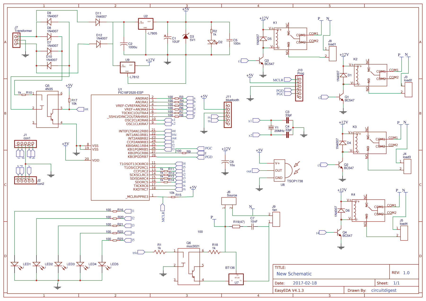 Circuit Diagram for PIC Microcontroller Based Remote Controlled Home Automation