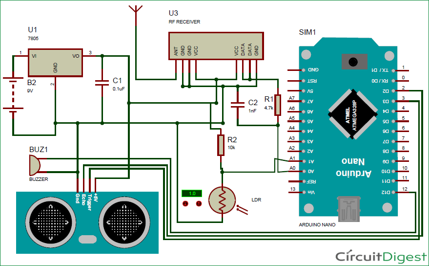 Receiver circuit diagram of arduino based blind stick project