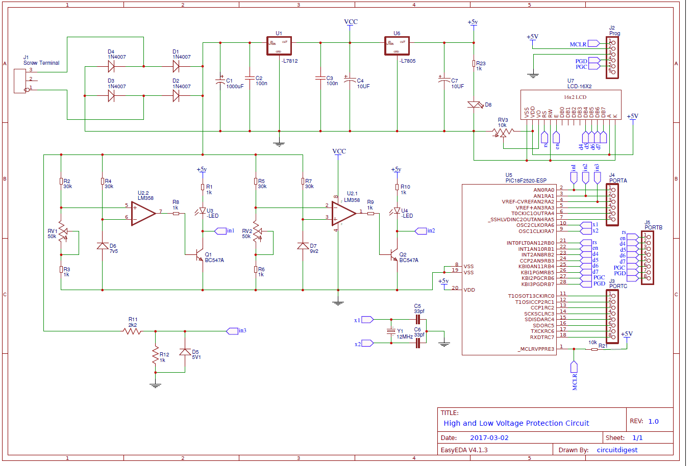 high low voltage protection using PIC microcontroller circuit 