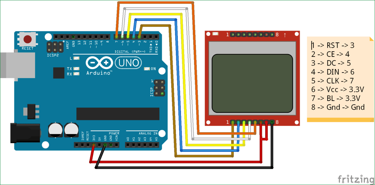 Circuit Diagram for Nokia5110 Graphical LCD with Arduino