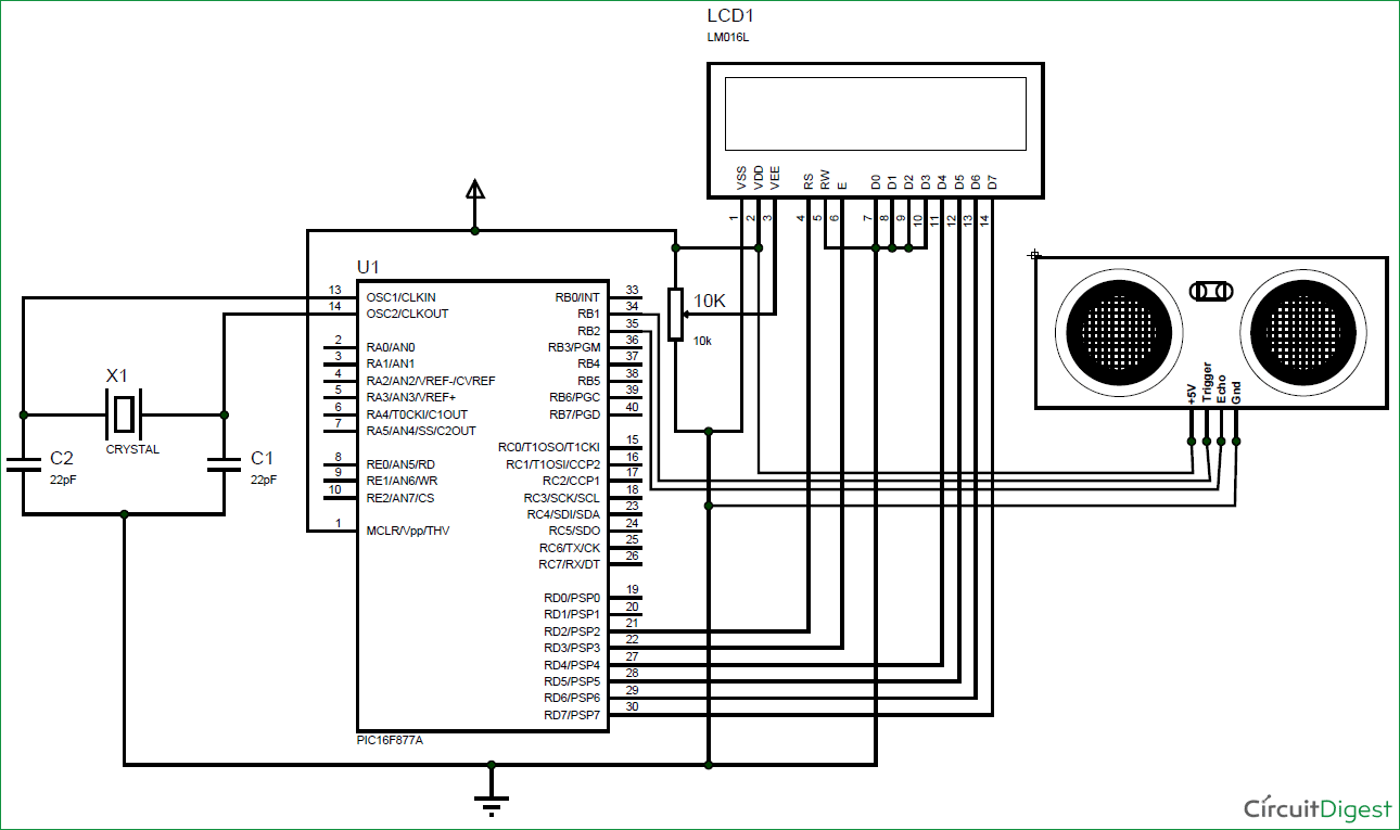 ultrasonic sensor interfacing with pic microcontroller circuit