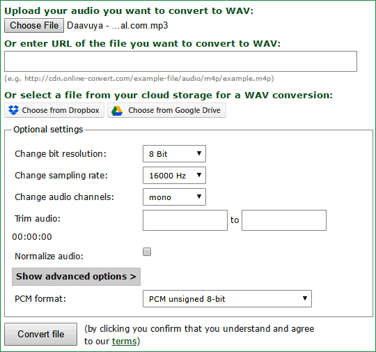 converting audio files into wav format for playing using Arduino