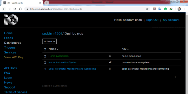 Adafruit IO Dashboard for IOT Home Automation