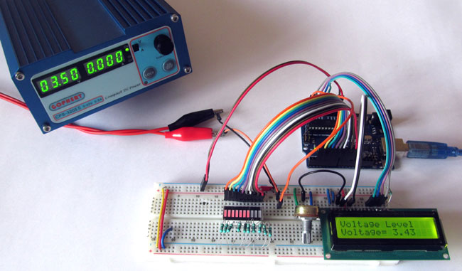 Battery Voltage Indicator in action using Arduino and LED Bar Graph