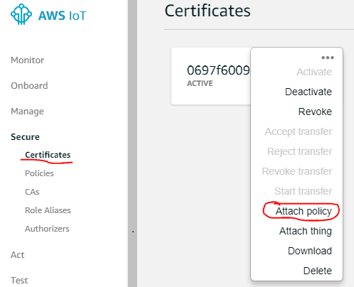 Clicking on options and selecting Attach policy