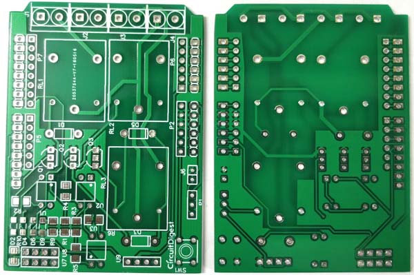 DIY Arduino Relay Driver Shield PCB front and back view