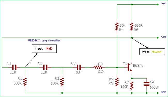 Oscilloscope probe connections for Phase Shift Oscillator Circuit
