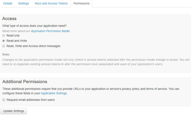 Permission access page for the application