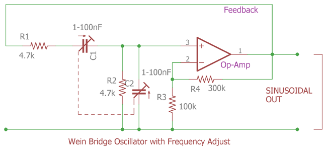 Wein bridge Oscillator with frequency adjust with practical values
