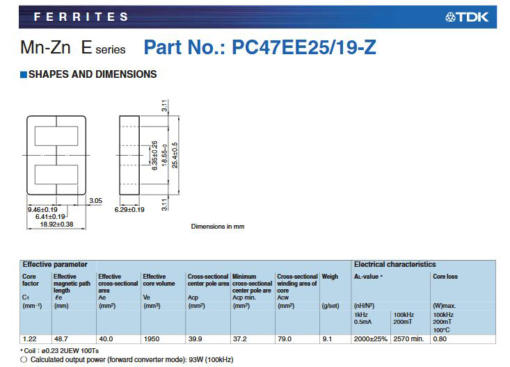 Datasheet of Core EE25 for SMPS Transformer