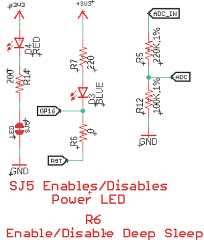 Power LED, On-Board LED, and Voltage Divider