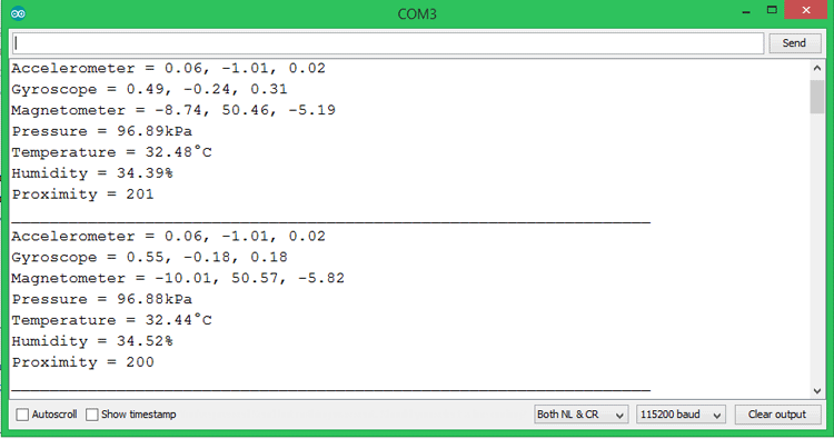 Program to Read Sensor Data for Arduino Nano 33 BLE Sense Board