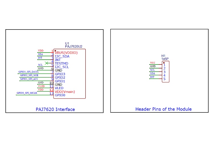 Schematic of PAJ7620 Ic Interface and Header Pin Connections of PAJ7620 Gesture Recognition Module
