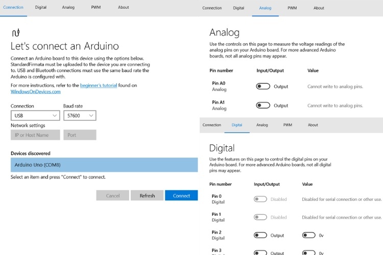 UI of Windows Remote Arduino Experience Program